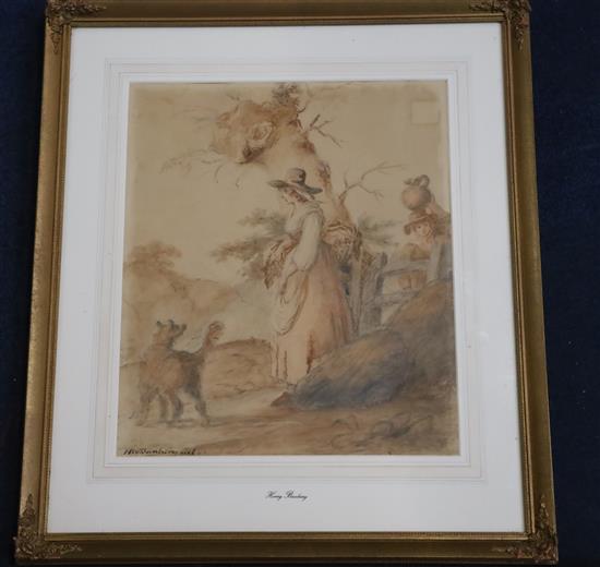 Henry William Bunbury (1750-1811) Welsh woman and dog in a landscape 14 x 12in.